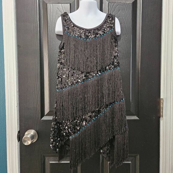 Weissman NWOT child medium semi custom black fring sequin dance costume jazz tap - Picture 1 of 13